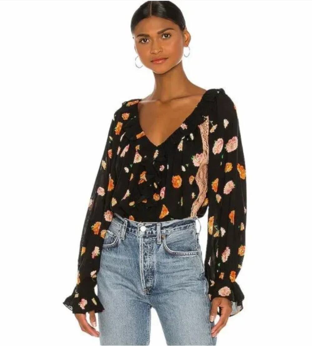 Free People Poppy Printed Bodysuit Black Combo
